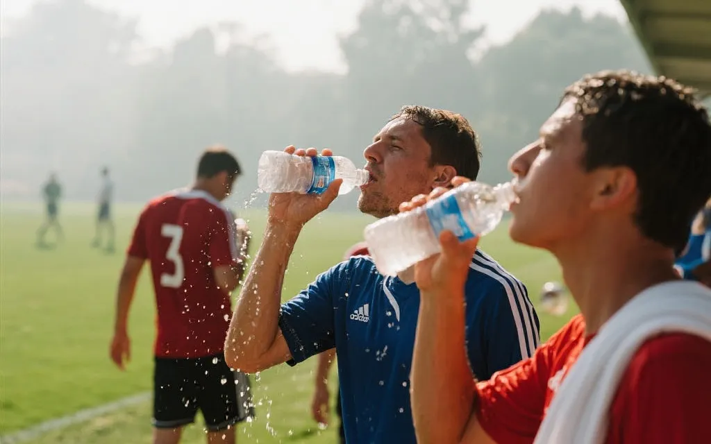 炎热夏季比赛中的球员补水与降温画面