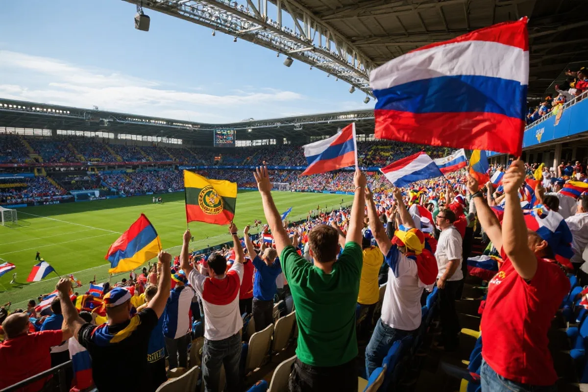 不同国家球迷挥旗庆祝