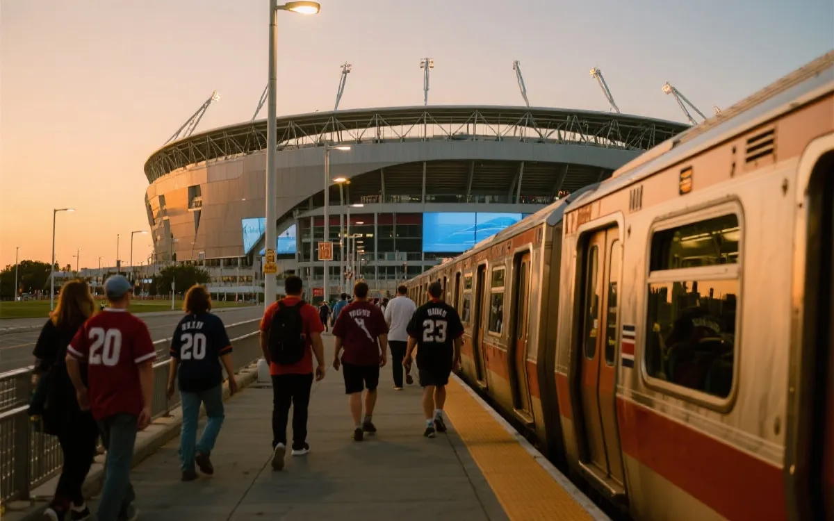 球迷在城市公共交通与球场外步行的人流场景