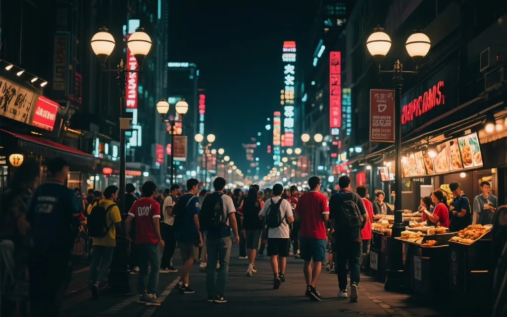 旅行团队在比赛后夜晚的城市街道中继续探索的氛围画面