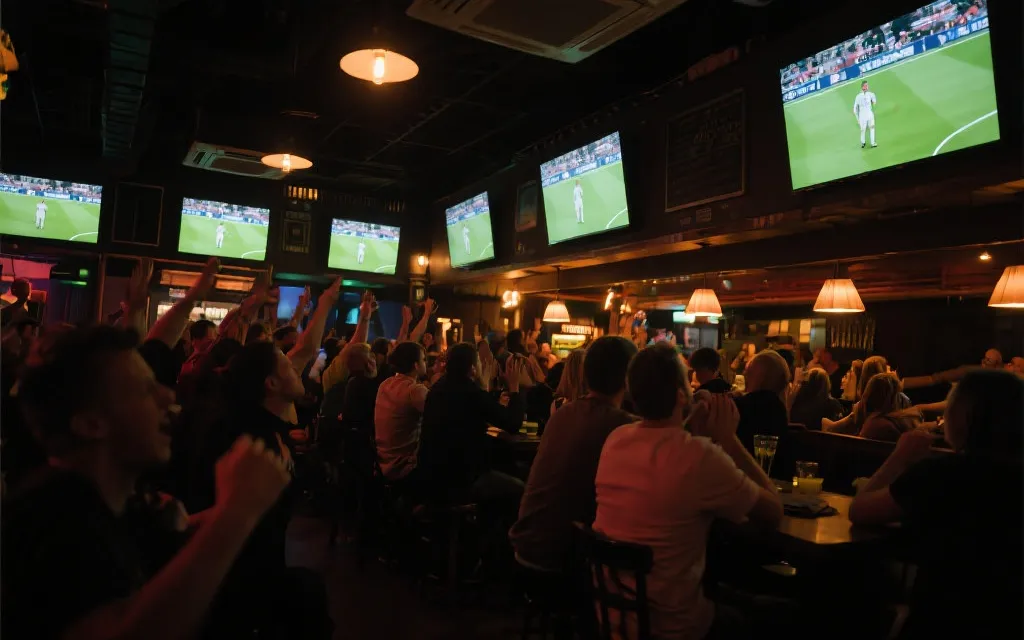 夜晚的体育酒吧内，多屏播放足球比赛，人群举杯欢呼，灯光温暖，氛围热烈
