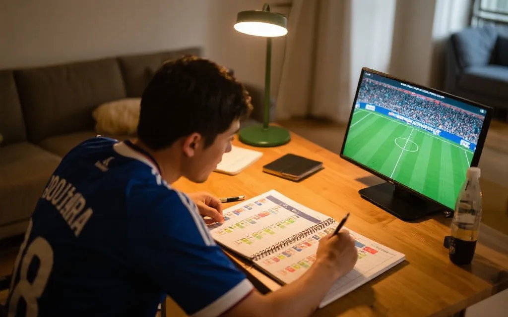 开赛前的球迷观赛准备：电脑上的赛程表、记事本与球衣围巾